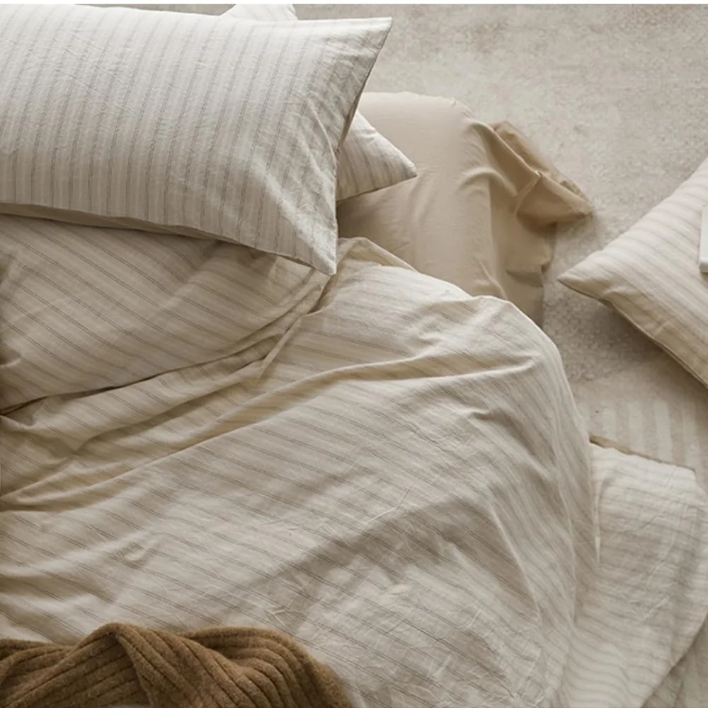 Beige Striped Duvet Cover Queen Size 100% Washed Cotton Duvet Cover Linen Like T